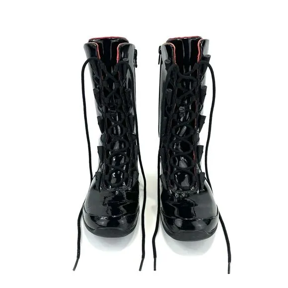 AHNU BLACK PATENT LEATHER LACED ADJUSTABLE ZIPPER CLOSURE MID-CALF FLAT BOOTIES