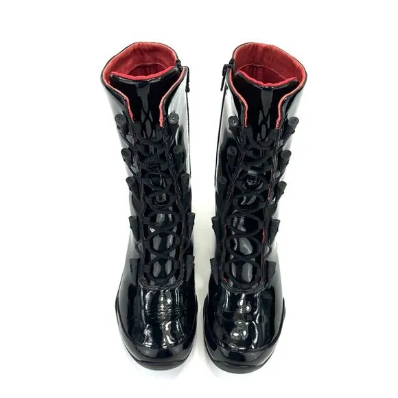 AHNU BLACK PATENT LEATHER LACED ADJUSTABLE ZIPPER CLOSURE MID-CALF FLAT BOOTIES