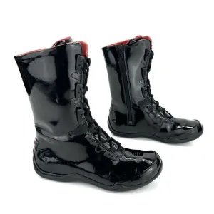 AHNU BLACK PATENT LEATHER LACED ADJUSTABLE ZIPPER CLOSURE MID-CALF FLAT BOOTIES