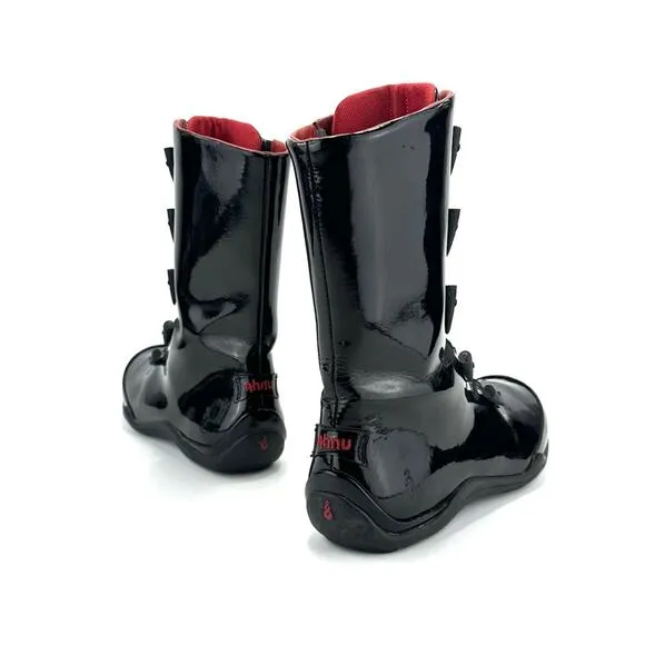 AHNU BLACK PATENT LEATHER LACED ADJUSTABLE ZIPPER CLOSURE MID-CALF FLAT BOOTIES
