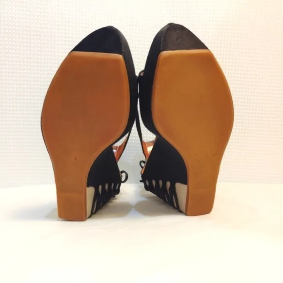 Alaia Paris Azzedine Black Satin Heels Sandals Wedge Pump Ankle Strap Buckles