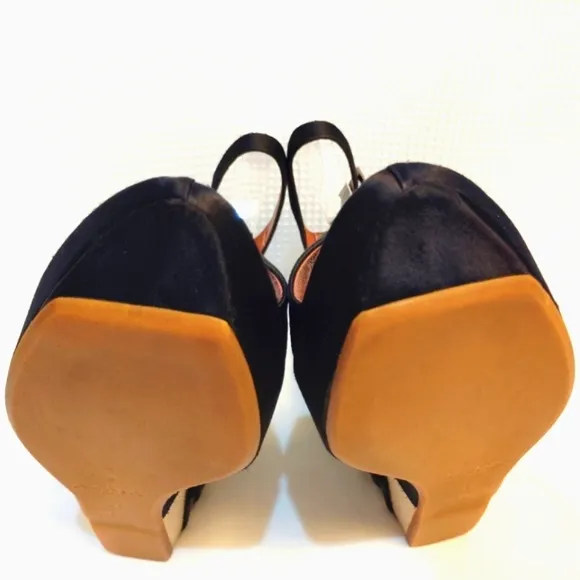 Alaia Paris Azzedine Black Satin Heels Sandals Wedge Pump Ankle Strap Buckles
