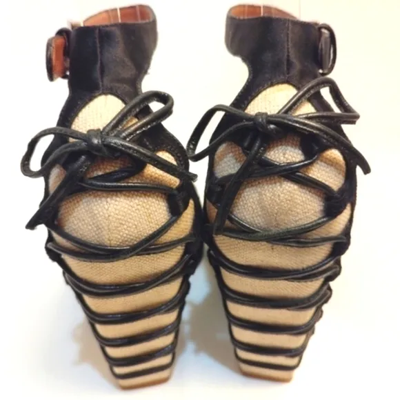 Alaia Paris Azzedine Black Satin Heels Sandals Wedge Pump Ankle Strap Buckles