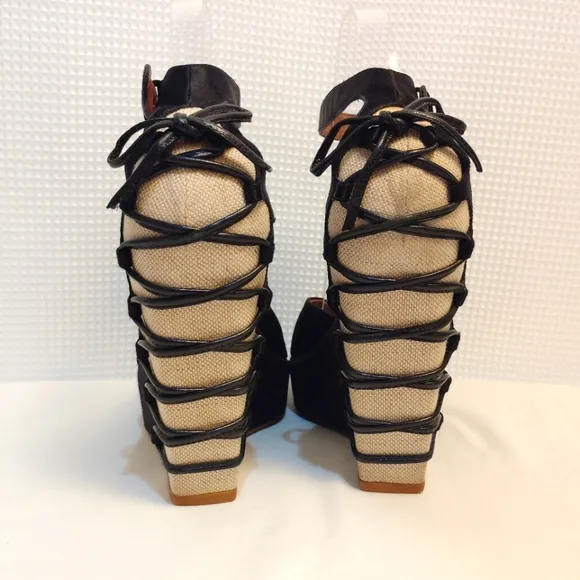 Alaia Paris Azzedine Black Satin Heels Sandals Wedge Pump Ankle Strap Buckles