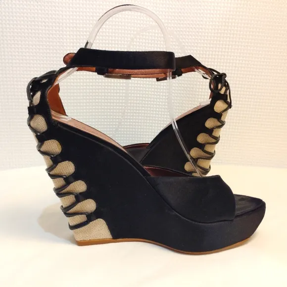 Alaia Paris Azzedine Black Satin Heels Sandals Wedge Pump Ankle Strap Buckles