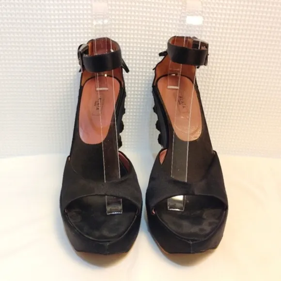 Alaia Paris Azzedine Black Satin Heels Sandals Wedge Pump Ankle Strap Buckles
