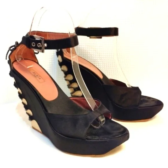 Alaia Paris Azzedine Black Satin Heels Sandals Wedge Pump Ankle Strap Buckles