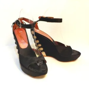 Alaia Paris Azzedine Black Satin Heels Sandals Wedge Pump Ankle Strap Buckles