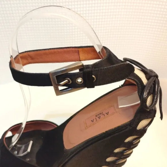 Alaia Paris Azzedine Black Satin Heels Sandals Wedge Pump Ankle Strap Buckles
