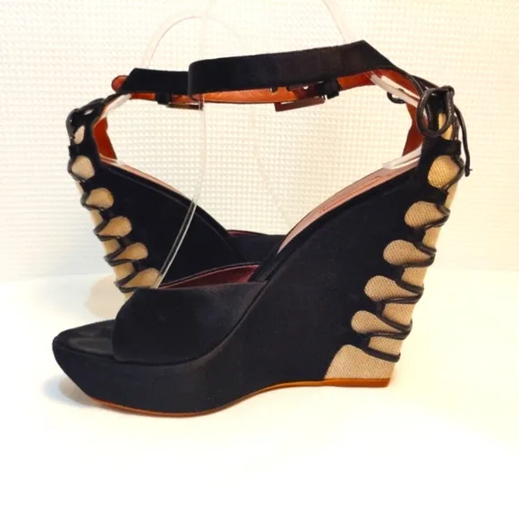 Alaia Paris Azzedine Black Satin Heels Sandals Wedge Pump Ankle Strap Buckles