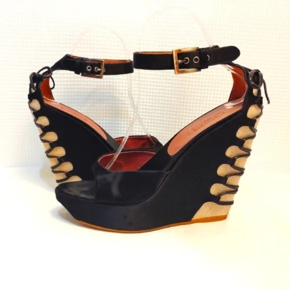 Alaia Paris Azzedine Black Satin Heels Sandals Wedge Pump Ankle Strap Buckles