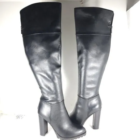 Aldo Women’s US9 Black Leather Side Zip Heeled Over The Knee Boots