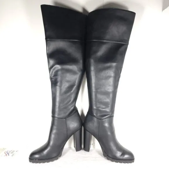 Aldo Women’s US9 Black Leather Side Zip Heeled Over The Knee Boots