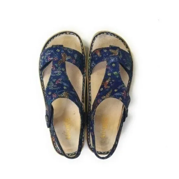 Alegria Kendra Birdland Blue Mosaic T Strap Leather Sandals Womens Size 11.5