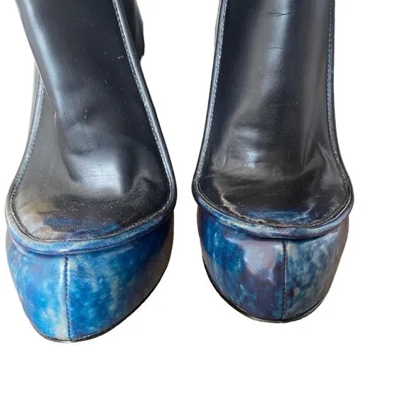 Alexander Wang Addison Platform Leather Heeled Black Blue Boots size 38 size 8