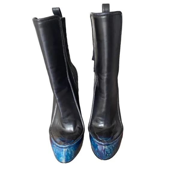 Alexander Wang Addison Platform Leather Heeled Black Blue Boots size 38 size 8