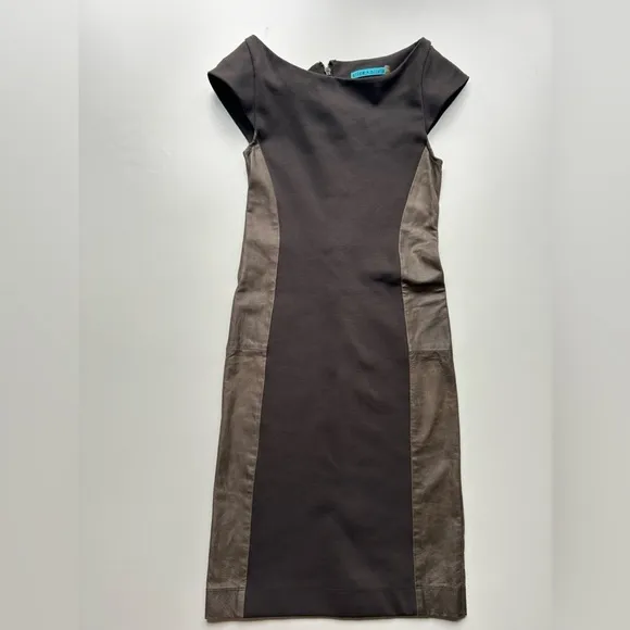 Alice  Olivia eve brown Pointe Silk LeatherCap Sleeve Dress boat neck nwt small