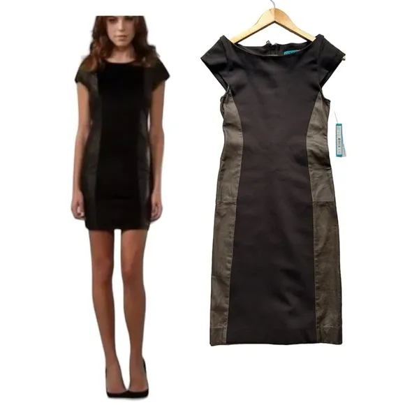Alice  Olivia eve brown Pointe Silk LeatherCap Sleeve Dress boat neck nwt small