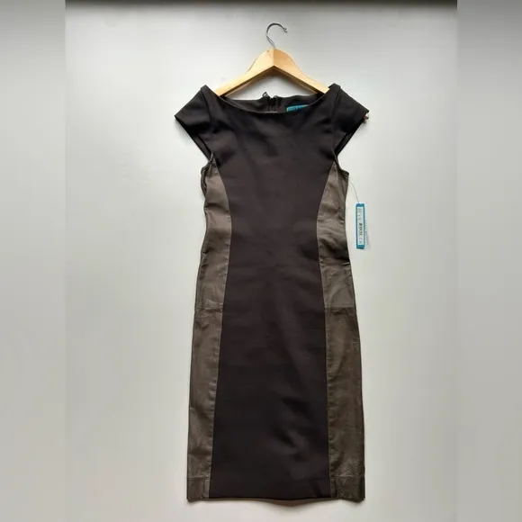 Alice  Olivia eve brown Pointe Silk LeatherCap Sleeve Dress boat neck nwt small