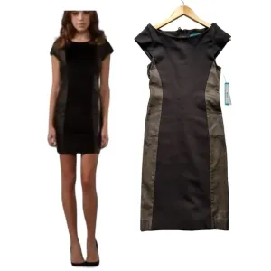 Alice  Olivia eve brown Pointe Silk LeatherCap Sleeve Dress boat neck nwt small