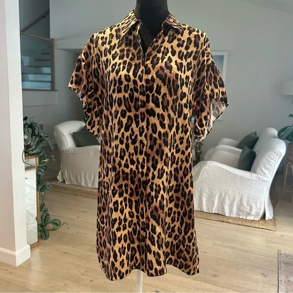 Alice   Olivia Jude Ruffle-Sleeve Leopard Shirtdress