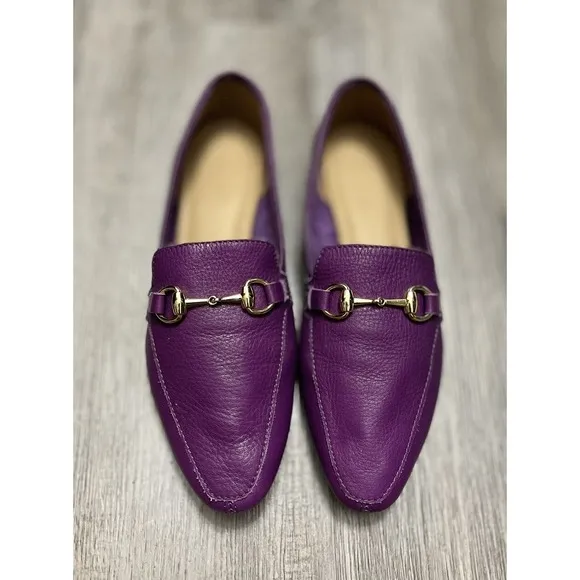All Black Purple Leather Loafers Gold Buckle Accent Flats Comfort Size 7