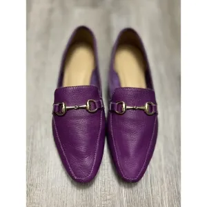 All Black Purple Leather Loafers Gold Buckle Accent Flats Comfort Size 7