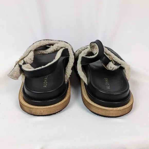 ALOHAS 41 / 10  Marshmallow Leather Sandals Shoes Fuzzy Black Leather Platform