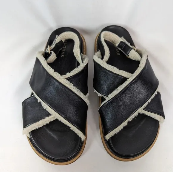 ALOHAS 41 / 10  Marshmallow Leather Sandals Shoes Fuzzy Black Leather Platform