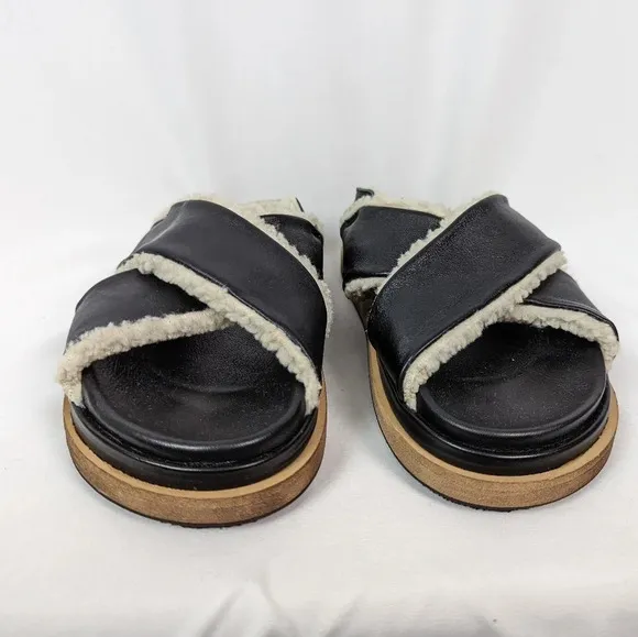 ALOHAS 41 / 10  Marshmallow Leather Sandals Shoes Fuzzy Black Leather Platform