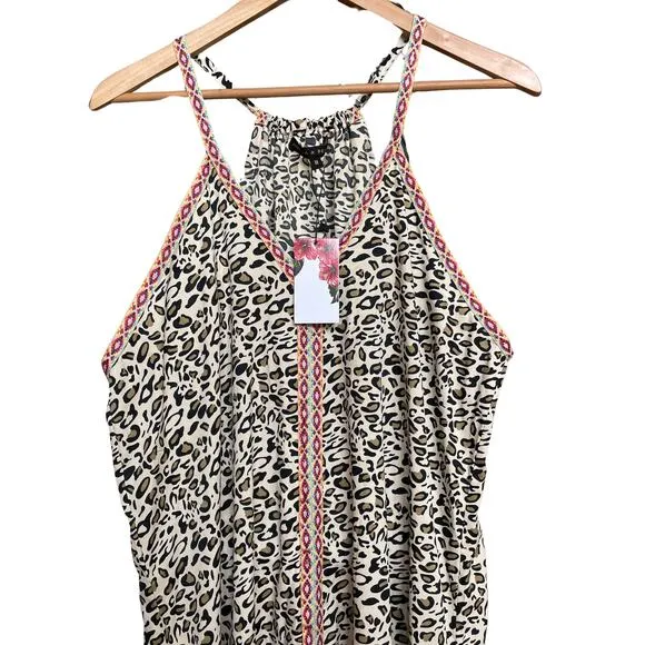 America &amp; Beyond M Boho Maxi Dress | Leopard Print, Embroidered Trim, Resort NWT