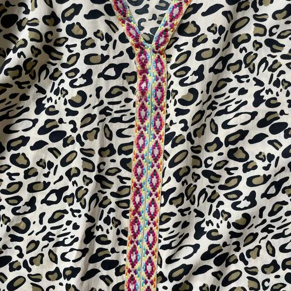 America &amp; Beyond M Boho Maxi Dress | Leopard Print, Embroidered Trim, Resort NWT