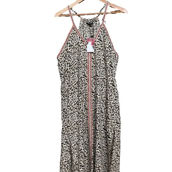America &amp; Beyond M Boho Maxi Dress | Leopard Print, Embroidered Trim, Resort NWT