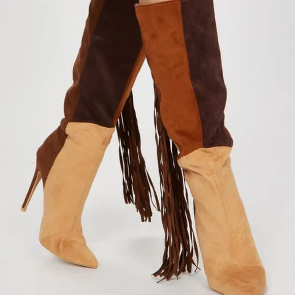 &quot; COWGIRL FRINGE &quot; Knee High Fringe Boots - COLOR BLOCK  ( BRAND NEW !!!!!