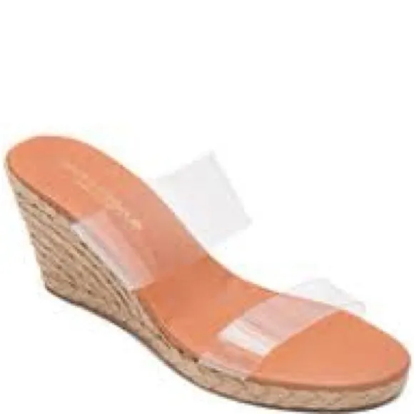Andre Assous Anfisa size 8 Tan and Cream espadrille Wedge Sandals clear bands