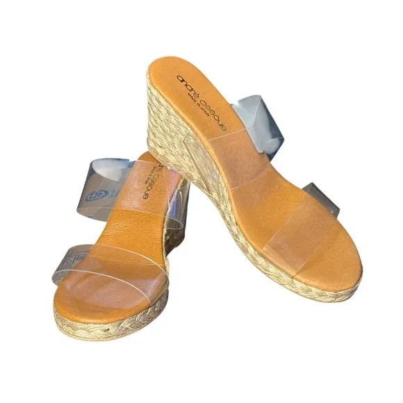 Andre Assous Anfisa size 8 Tan and Cream espadrille Wedge Sandals clear bands