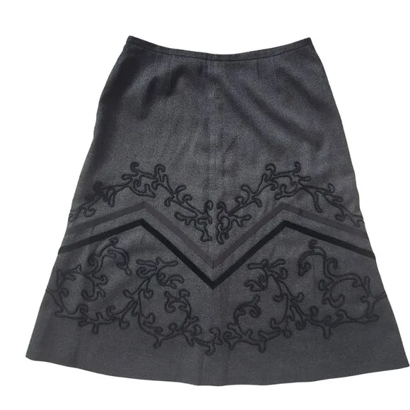 Ann Taylor LOFT Gray Lined Wool Rayon Blend Skirt Embroidery Detail 12 Petite