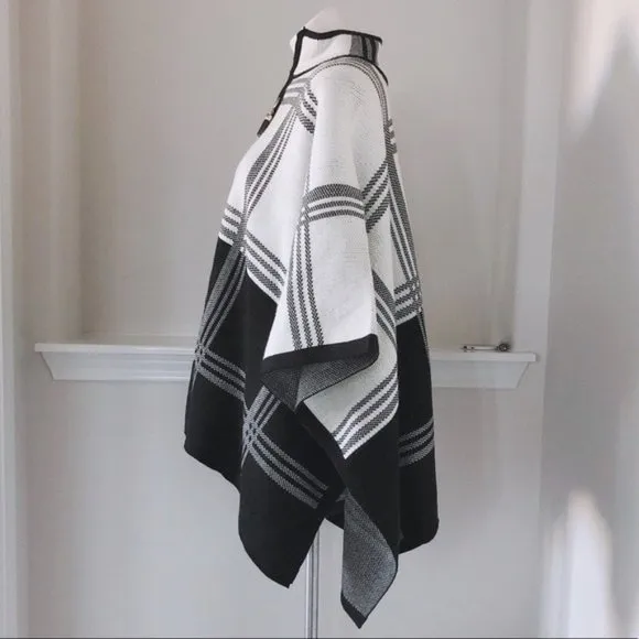Anne Klein Cape Poncho Sweater Turtleneck Plaid Blk White Size L, New w/Tag $149