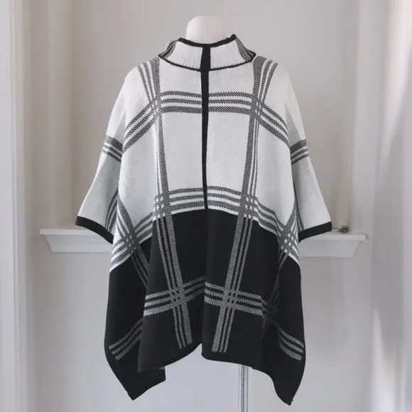 Anne Klein Cape Poncho Sweater Turtleneck Plaid Blk White Size L, New w/Tag $149