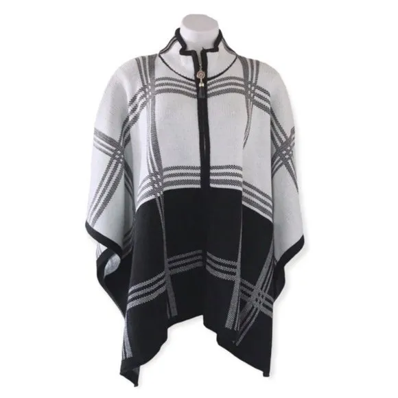 Anne Klein Cape Poncho Sweater Turtleneck Plaid Blk White Size L, New w/Tag $149