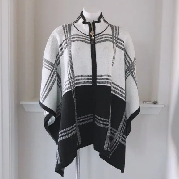 Anne Klein Cape Poncho Sweater Turtleneck Plaid Blk White Size L, New w/Tag $149