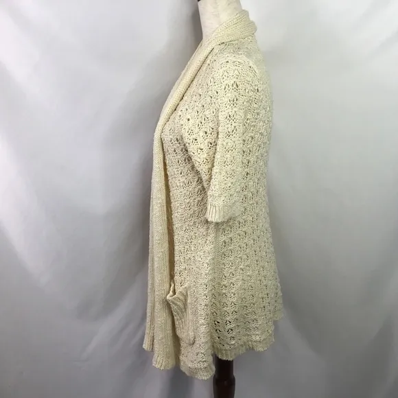 Anthro Moth Size M Sweater Open Cardigan Crochet Pockets Cream White