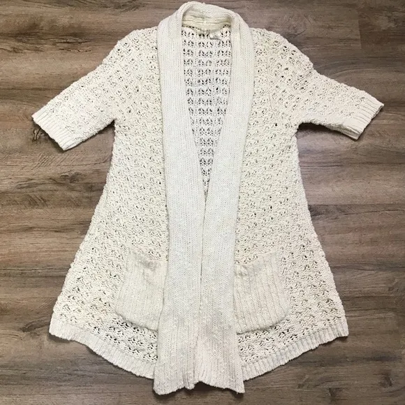 Anthro Moth Size M Sweater Open Cardigan Crochet Pockets Cream White
