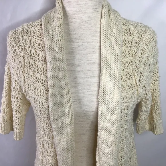 Anthro Moth Size M Sweater Open Cardigan Crochet Pockets Cream White