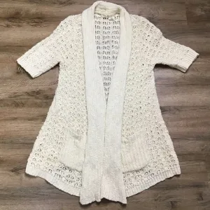 Anthro Moth Size M Sweater Open Cardigan Crochet Pockets Cream White