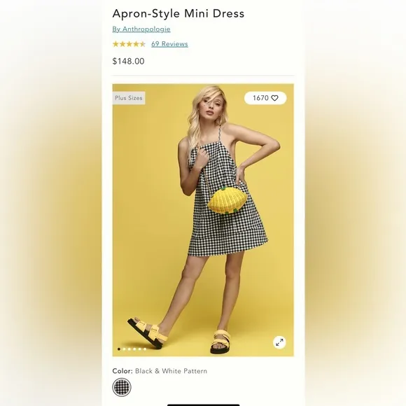 Anthropologie Apron Style Mini Dress Black &amp; White Gingham NWOT