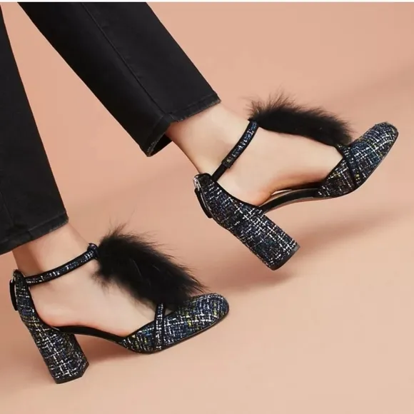 ANTHROPOLOGIE BETTYE MULLER Real Raccoon Fur Tweed T-strap Heels Sandals