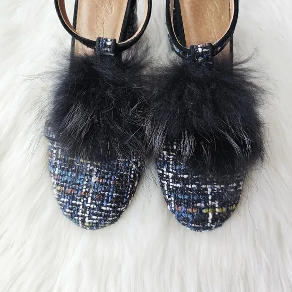 ANTHROPOLOGIE BETTYE MULLER Real Raccoon Fur Tweed T-strap Heels Sandals