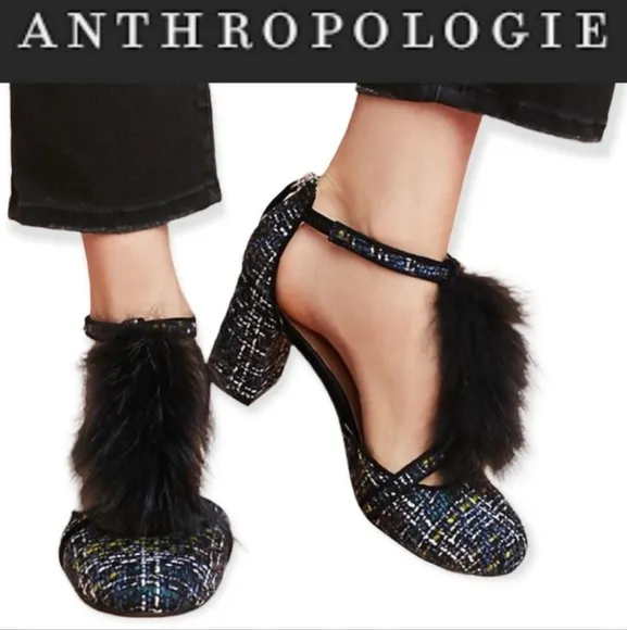 ANTHROPOLOGIE BETTYE MULLER Real Raccoon Fur Tweed T-strap Heels Sandals