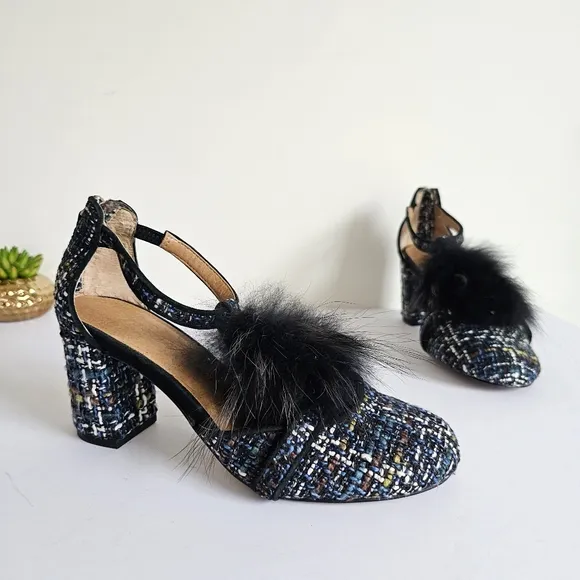 ANTHROPOLOGIE BETTYE MULLER Real Raccoon Fur Tweed T-strap Heels Sandals